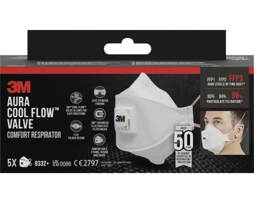 3M Aura Cool Flow Ventiel comfortademhalingsmasker, FFP3, bescherming tegen hoge niveaus fijnstof