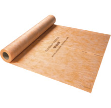 Oranje Schlüter-KERDI afdichtingsmat, gedeeltelijk uitgerold, met rasterpatroon en merknaam.
