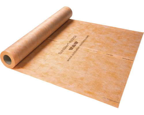 Oranje Schlüter-KERDI afdichtingsmat, gedeeltelijk uitgerold, met rasterpatroon en merknaam.