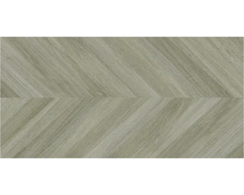 Vloerbedekking in grijze houtlook met chevronpatroon.