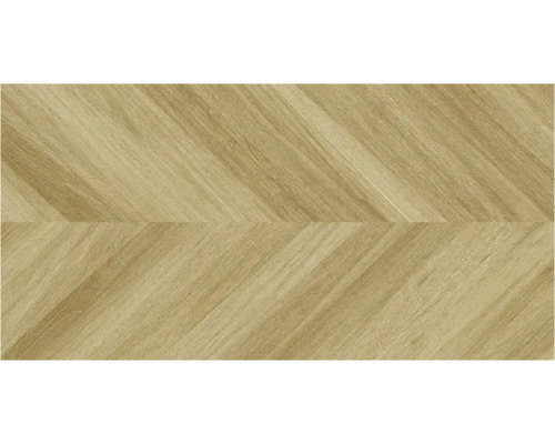 Vloerbedekking met houtlook en chevron-patroon in lichtbruin.