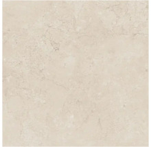 Vierkante keramische tegel in beige natuursteenlook met subtiele marmering.