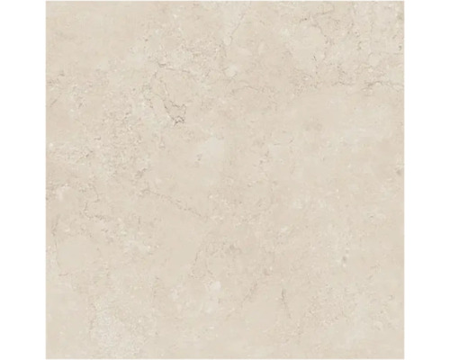 Vierkante keramische tegel in beige natuursteenlook met subtiele marmering.