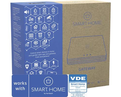 Verpakking voor de SMART HOME by hornbach Gateway met symbolen voor compatibele apparaten en VDE-keurmerk voor informatiebeveiliging.