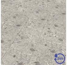 Vloerbedekking in steenlook met terrazzo patroon in grijstinten en symbool voor vierentwintig uur waterbestendigheid.