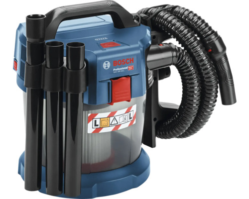 Bosch Professional GAS 18 Volt-10 Liter snoerloze nat-droogzuiger stofklasse L met transparant reservoir en zuigslang. Bosch Logo.