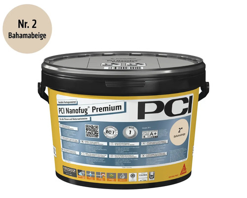 PCI Nanofug Premium flexibele voegmortel voor tegels en natuursteen, Bahamabeige nummer twee, PCI Logo.