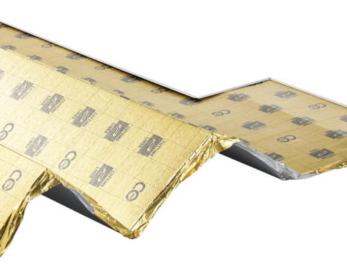 Ondervloer met geïntegreerd dampscherm, goudkleurige folie met snijlijnen voor installatie onder vloerbedekking.