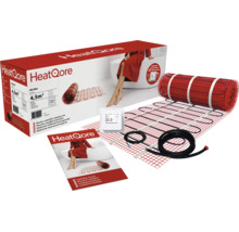 HeatQore elektrische vloerverwarmingsmat set 4,5 vierkante meter inclusief thermostaat, installatiehandleiding en accessoires.