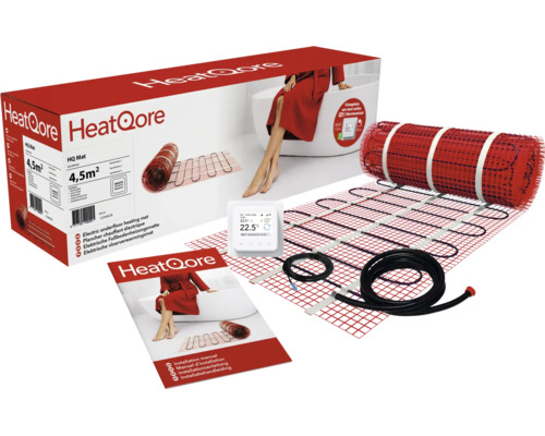 HeatQore HQ Mat elektrische vloerverwarmingsset voor 4,5 vierkante meter, inclusief verwarmingsmat, thermostaat en handleiding.