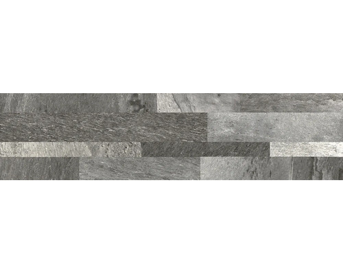 Wandstrips in natuursteenlook met gestructureerd oppervlak in verschillende grijstinten.