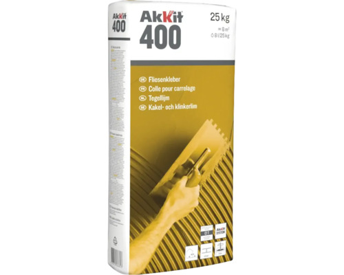 Akkit 400 tegellijm in een zak van 25 kilogram voor wanden en vloeren.