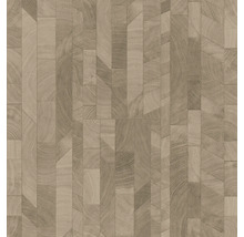 Behang met geometrisch houtpatroon, houtlook met zichtbare nerf en verschillende plankvormen.