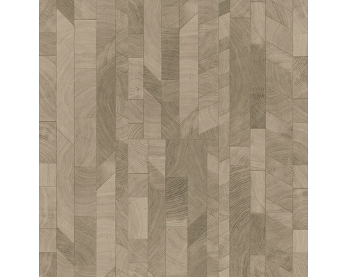 Behang met geometrisch houtpatroon, houtlook met zichtbare nerf en verschillende plankvormen.