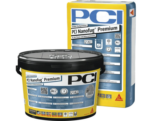 PCI Nanofug Premium flexibele voegmortel voor tegels en natuursteen in een zak van 15 kilogram en een emmer.