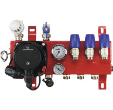 Mengunit voor vloerverwarming met Grundfos circulatiepomp, manometer, thermometer en ventielen van metaal.