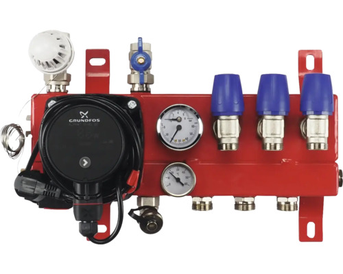 Mengunit voor vloerverwarming met Grundfos circulatiepomp, manometer, thermometer en ventielen van metaal.