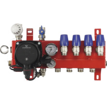 Vloerverwarmingsverdeler met Grundfos pomp, 4 groepen, thermometers, manometer en Grundfos Logo.