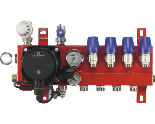 Vloerverwarmingsverdeler met Grundfos pomp, 4 groepen, thermometers, manometer en Grundfos Logo.