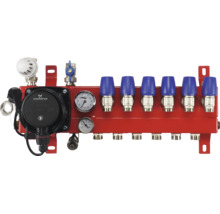 Rode vloerverwarming verdeler met Grundfos pomp, manometer, thermometer en zes aansluitingen met blauwe kappen.