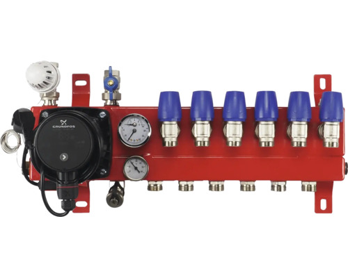 Rode vloerverwarming verdeler met Grundfos pomp, manometer, thermometer en zes aansluitingen met blauwe kappen.