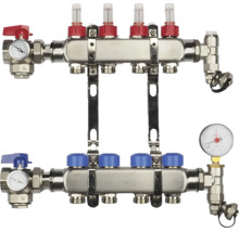 Roestvrijstalen vloerverwarmingsverdeler met vier groepen, flowmeters, thermometers en manometer.