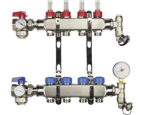 Roestvrijstalen vloerverwarmingsverdeler met vier groepen, flowmeters, thermometers en manometer.