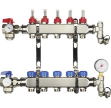 Roestvrijstalen verdeelstuk voor vloerverwarming met 5 groepen, flowmeters, afsluiters, thermometers en manometer.