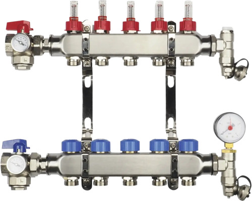 Roestvrijstalen verdeelstuk voor vloerverwarming met 5 groepen, flowmeters, afsluiters, thermometers en manometer.