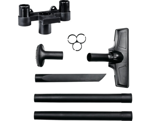 Stofzuigeraccessoireset van zwarte kunststof met vloermondstuk, zuigbuizen, kierenmondstuk, meubelmondstuk en accessoirehouder.