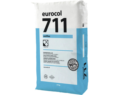 Eurocol 711 Uniflex poedertegellijm, wit, waterdicht en flexibel, 25 kilogram zak voor het verlijmen van keramische tegels.