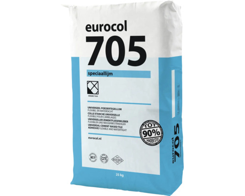 Eurocol 705 speciaallijm, 25 kilogram zak, universele poedertegellijm, flexibel en waterdicht voor keramische tegels.
