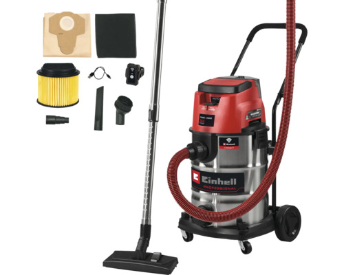 Einhell Professional accu nat en droogzuiger met accessoires zoals filter en zuigbuis.