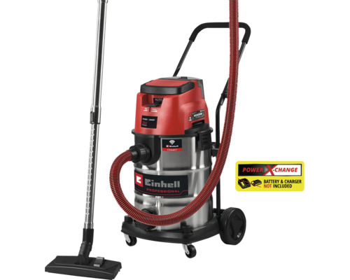 Einhell Professional nat en droogzuiger 36 Volt met roestvrijstalen reservoir en onderstel, accu en lader worden niet meegeleverd.