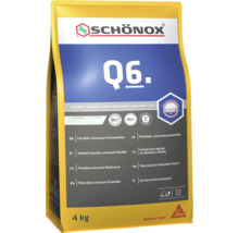 Schönox Q6 flexibele universele tegellijm in verpakking van 4 kilogram met Sika logo.