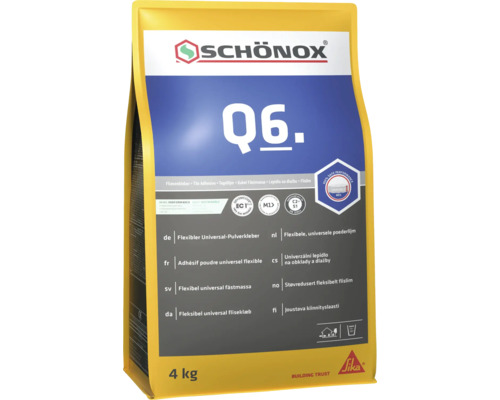 Schönox Q6 flexibele universele tegellijm in verpakking van 4 kilogram met Sika logo.