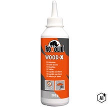 Roxolid Wood-X houtlijm in een 263 gram fles met doseertuit, waterbestendig volgens D3 norm en 5 minuten verwerkingstijd. (Image AI modified or generated)