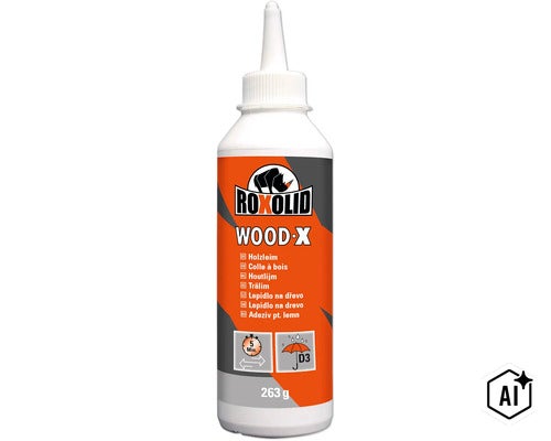 Roxolid Wood-X houtlijm in een 263 gram fles met doseertuit, waterbestendig volgens D3 norm en 5 minuten verwerkingstijd. (Image AI modified or generated)