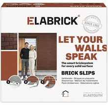 Verpakking van Elabrick steenstrips met afbeeldingen van toepassing op een gevel en geïllustreerde instructies voor het aanbrengen van de strips.