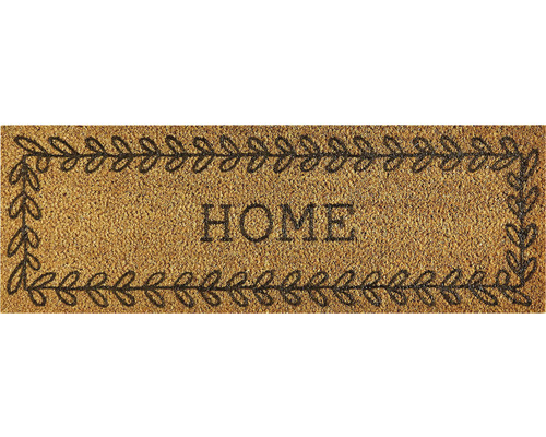 Kokosvezel deurmat met de tekst HOME en een bladerdesign