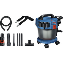 Bosch logo. Bosch Professional nat- en droogzuiger met accessoires zoals slang, schouderriem, mondstukken en buizen.
