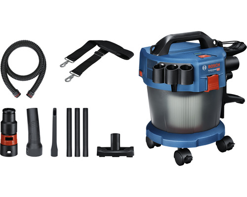 Bosch logo. Bosch Professional nat- en droogzuiger met accessoires zoals slang, schouderriem, mondstukken en buizen.