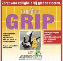 Afbeelding van een advertentie voor Premium Grip antislipmiddel, geschikt voor gladde vloeren zoals trappen, hallen, balkons, terrassen en badkamers