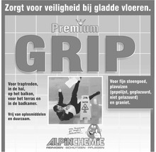 Premium Grip advertentie voor veiligheid op gladde vloeren met een vallende persoon.
