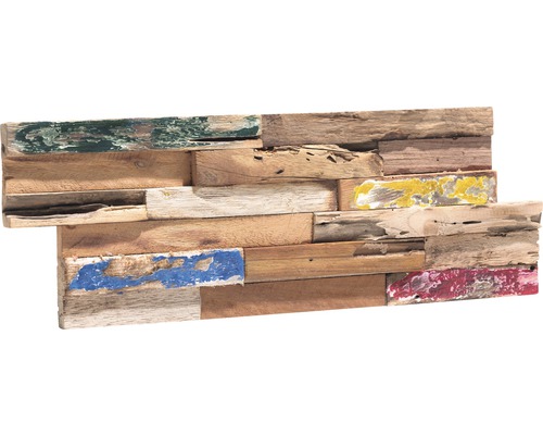 Wandpaneel van gerecycled hout met gekleurde accenten voor wanddecoratie