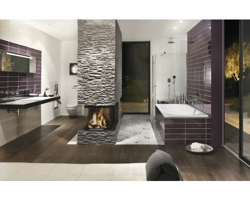 Moderne badkamer met open haard, wastafel, ligbad en douche