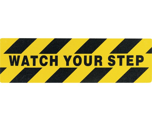 Sticker met de tekst Let op uw stap en waarschuwingsstrepen