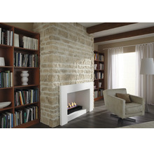 Woonkamer met open haard, boekenkasten en fauteuil