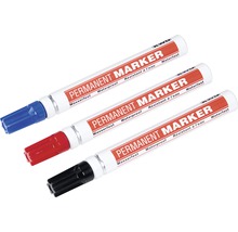 Drie permanent markers in zwart, rood en blauw