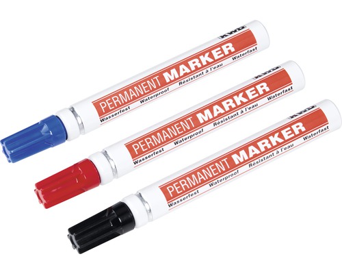 Drie permanent markers in zwart, rood en blauw